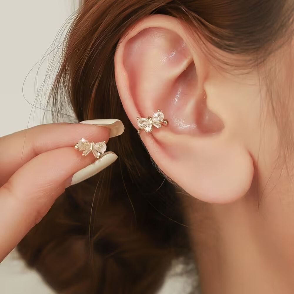 Set of 2 Gold Zirconia Crystal Ear Cuff Bow Knot Gemstone Earrings Dainty Clip